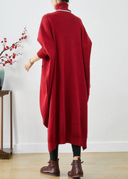 Red Oversized Knit Sweater Dress Turtle Neck Asymmetrical Batwing Sleeve