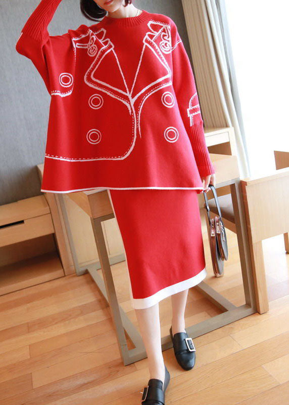 Red Oversized Knit Two Pieces Set O-Neck Side Open Batwing Sleeve