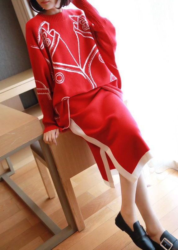 Red Oversized Knit Two Pieces Set O-Neck Side Open Batwing Sleeve