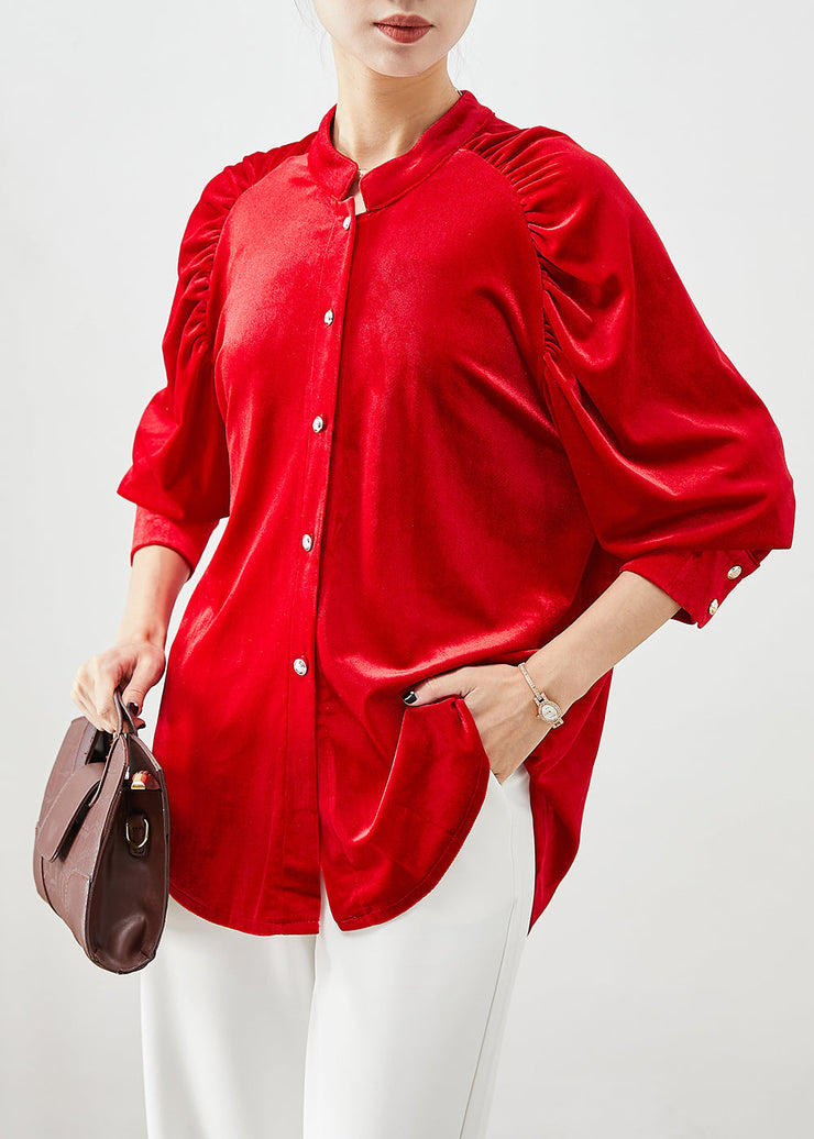 Red Oversized Silk Velour Tops Stand Collar Wrinkled Fall