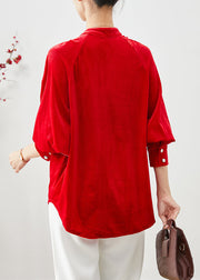 Red Oversized Silk Velour Tops Stand Collar Wrinkled Fall