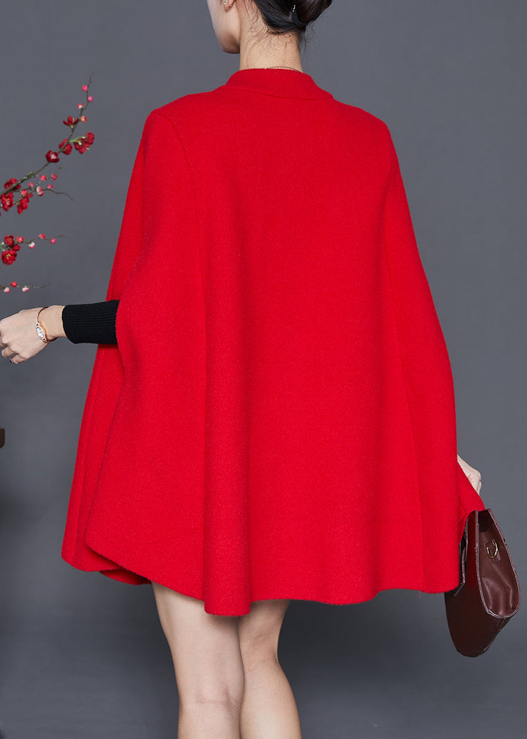 Red Oversized Woolen Coats Metal Buttons Cloak Sleeves