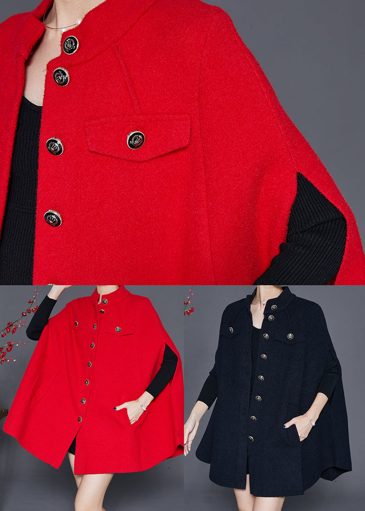 Red Oversized Woolen Coats Metal Buttons Cloak Sleeves