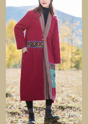 Red Patchwork Applique Fine Cotton Filled Long Coats Embroideried Oriental Button Winter