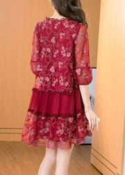 Red Patchwork Chiffon Mid Dress Embroidered Ruffled Summer