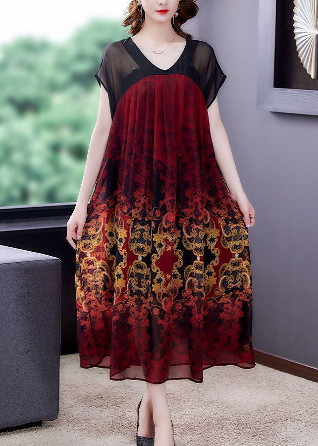 Red Patchwork Chiffon Vacation Dresses Exra Large Hem Print Summer