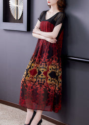 Red Patchwork Chiffon Vacation Dresses Exra Large Hem Print Summer