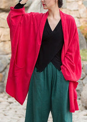 Red Patchwork Cotton Cardigans Stand Collar Long Sleeve