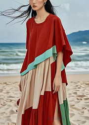Red Patchwork Cotton Dresses Oversized Side Open Summer