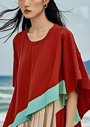 Red Patchwork Cotton Dresses Oversized Side Open Summer