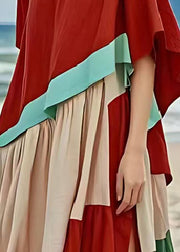 Red Patchwork Cotton Dresses Oversized Side Open Summer