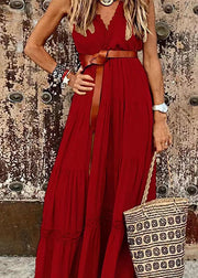 Red Patchwork Cotton Dresses V Neck Wrinkled Lace Summer