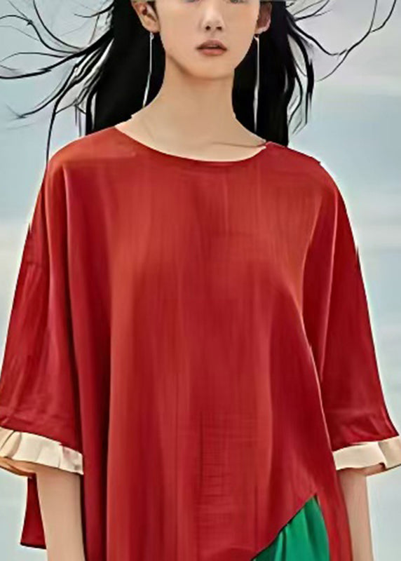 Red Patchwork Cotton Holiday Dress Oversized Summer