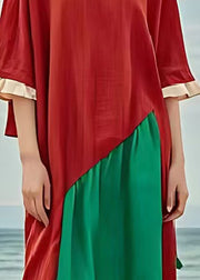 Red Patchwork Cotton Holiday Dress Oversized Summer