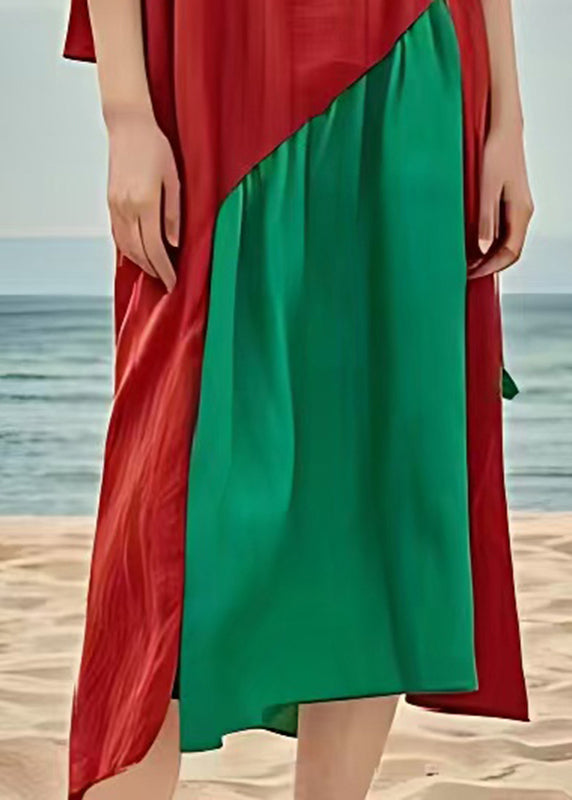 Red Patchwork Cotton Holiday Dress Oversized Summer