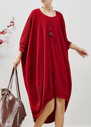 Red Patchwork Cotton Maxi Dress Oversized Wrinkled Fall