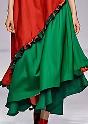 Red Patchwork Cotton Maxi Dresses Oversized Ruffled Summer