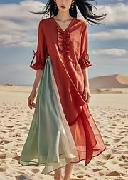 Red Patchwork Cotton Maxi Dresses Ruffled Exra Large Hem Summer