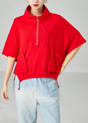 Red Patchwork Cotton Tanks Oversized Side Open Summer