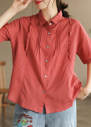 Red Patchwork Cotton Tops Peter Pan Collar Ruffled Button Short Sleeve