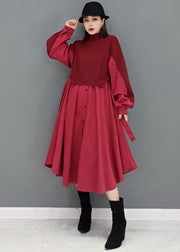 Red Patchwork Knit Cotton Long Dresses Solid Color Button Long Sleeve