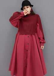 Red Patchwork Knit Cotton Long Dresses Solid Color Button Long Sleeve