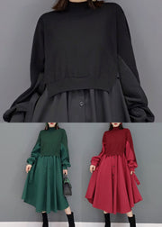 Red Patchwork Knit Cotton Long Dresses Solid Color Button Long Sleeve