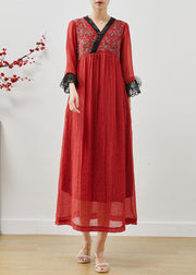 Red Patchwork Lace Cotton Ankle Dress Embroidered Fall