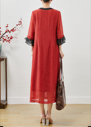 Red Patchwork Lace Cotton Ankle Dress Embroidered Fall