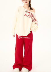 Red Patchwork Lace Cotton Pants Letter Print Spring