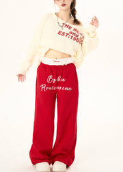 Red Patchwork Lace Cotton Pants Letter Print Spring