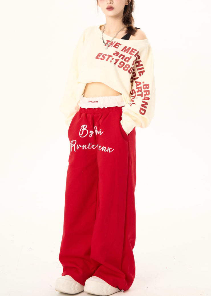 Red Patchwork Lace Cotton Pants Letter Print Spring