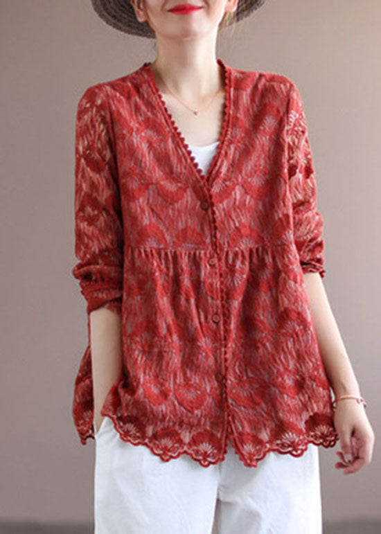 Red Patchwork Lace Loose Coat Embroideried Long Sleeve