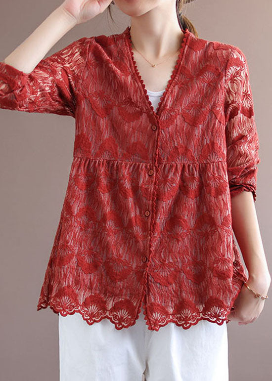 Red Patchwork Lace Loose Coat Embroideried Long Sleeve