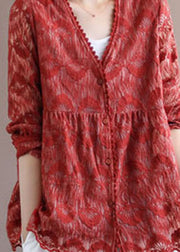 Red Patchwork Lace Loose Coat Embroideried Long Sleeve