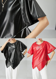 Red Patchwork Leather Tanks Asymmetrical Design Short Sleeve