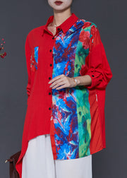 Red Patchwork Linen Blouse Top Oversized Spring