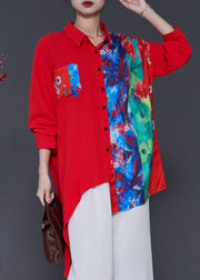 Red Patchwork Linen Blouse Top Oversized Spring