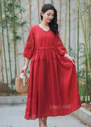 Red Patchwork Linen Dress Embroideried V Neck Wrinkled Summer