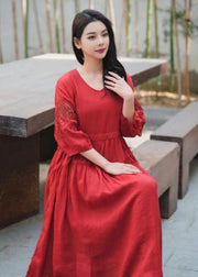 Red Patchwork Linen Dress Embroideried V Neck Wrinkled Summer