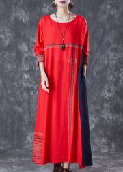 Red Patchwork Linen Maxi Dresses Embroidered Spring