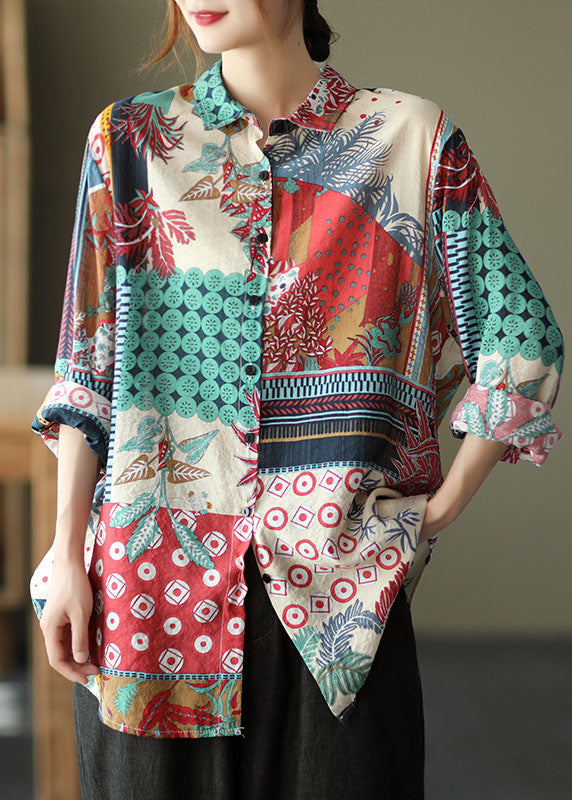 Red Patchwork Linen Shirts Peter Pan Collar Button Long Sleeve