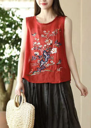 Red Patchwork Linen Tops Embroidered O Neck Sleeveless