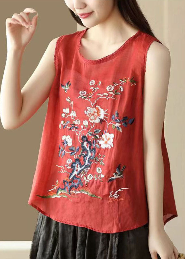 Red Patchwork Linen Tops Embroideried O Neck Sleeveless