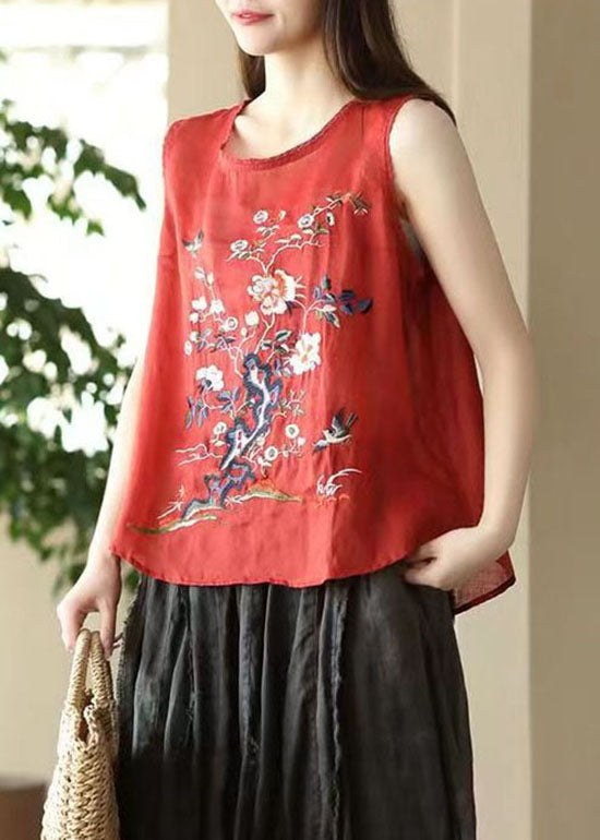 Red Patchwork Linen Tops Embroidered O Neck Sleeveless