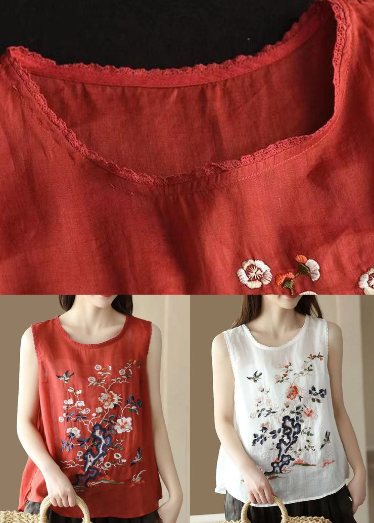 Red Patchwork Linen Tops Embroidered O Neck Sleeveless