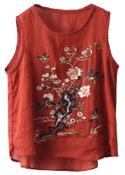 Red Patchwork Linen Tops Embroidered O Neck Sleeveless