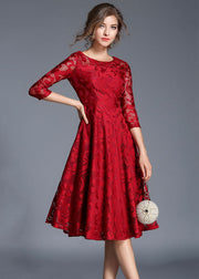 Red Patchwork Loose Lace Dresses O Neck Bracelet Sleeve