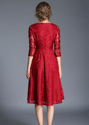 Red Patchwork Loose Lace Dresses O Neck Bracelet Sleeve