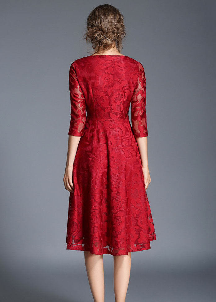 Red Patchwork Loose Lace Dresses O Neck Bracelet Sleeve